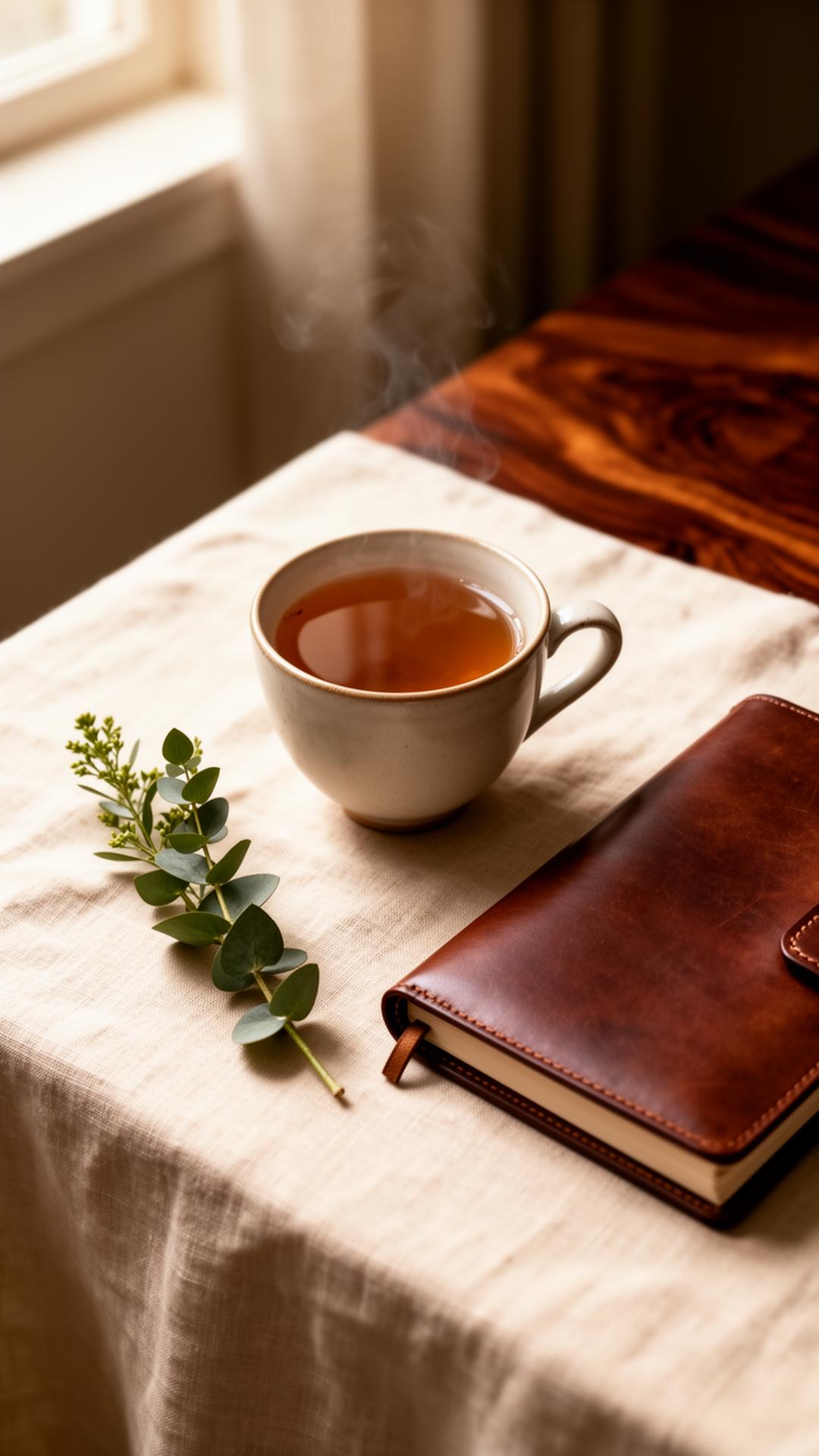 A warm cup of tea on ivory linen beside a journal and botanical stem